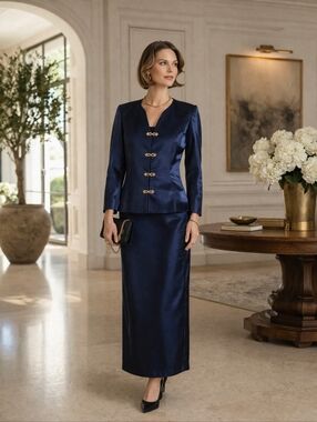 Vintage ALEX Evenings Navy Shimmer Skirt Suit Set Size 16 Formal Elegant